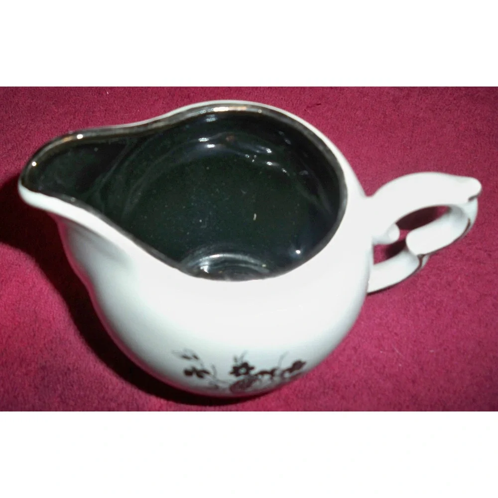 Cream Sugar Set w/Lid White Black inside scalloped handles platinum trim flowers